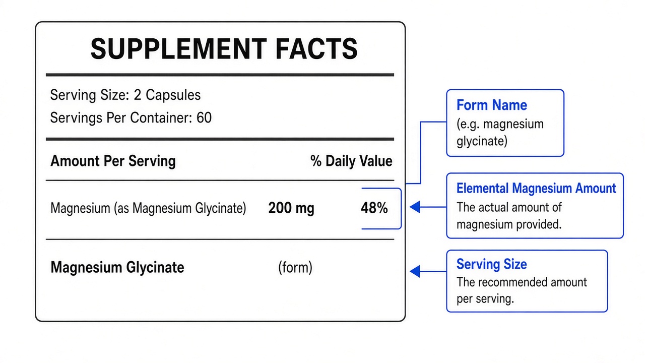 Diagram of a supplement label showing elemental magnesium, form name, and serving size