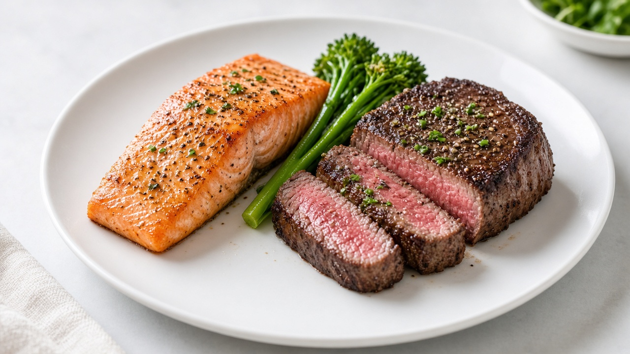 A plate with salmon and beef portions illustrating animal-food sources of creatine