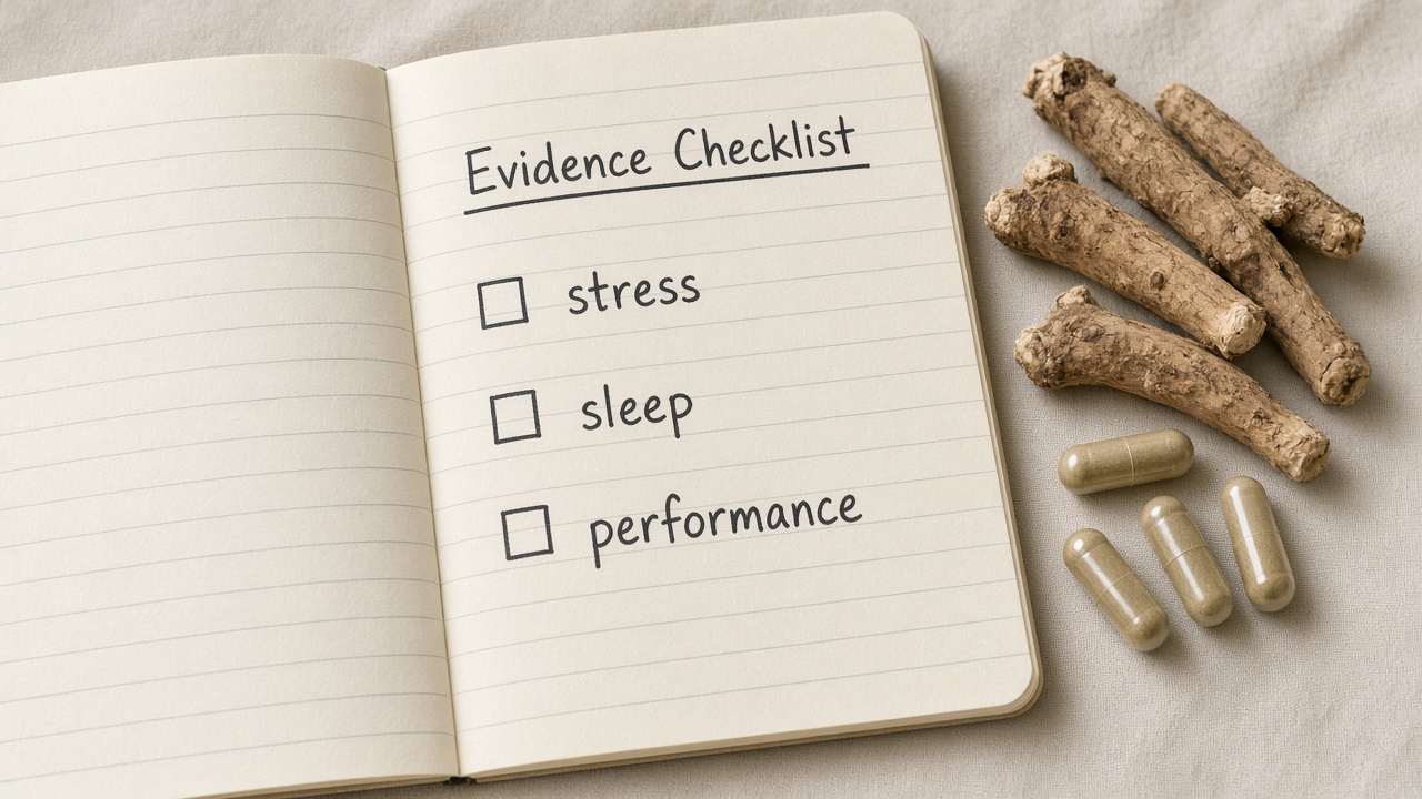 Open notebook with an evidence checklist for stress, sleep, and performance beside ashwagandha roots and capsules.