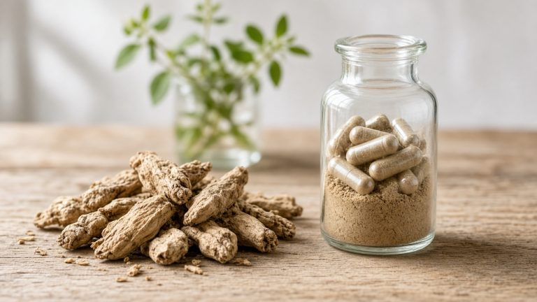 Raw dried Rhodiola rosea root and supplement capsules on a wooden table.