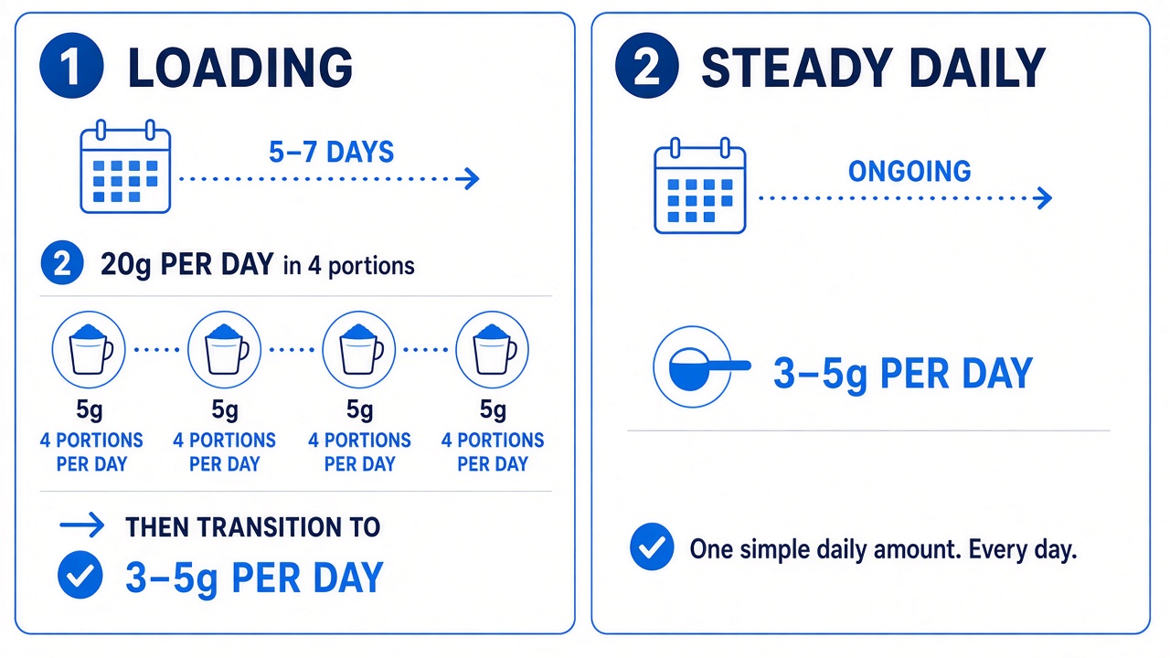 Calendar diagram comparing creatine loading for 5–7 days with a steady 3–5 gram daily routine