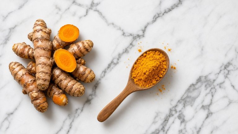Fresh sliced turmeric root and concentrated orange turmeric extract powder on a white background.