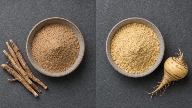 Split view comparing ashwagandha root and powder on the left with maca root and powder on the right.