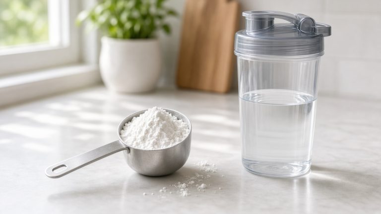 A scoop of white creatine monohydrate powder beside a shaker bottle on a kitchen counter