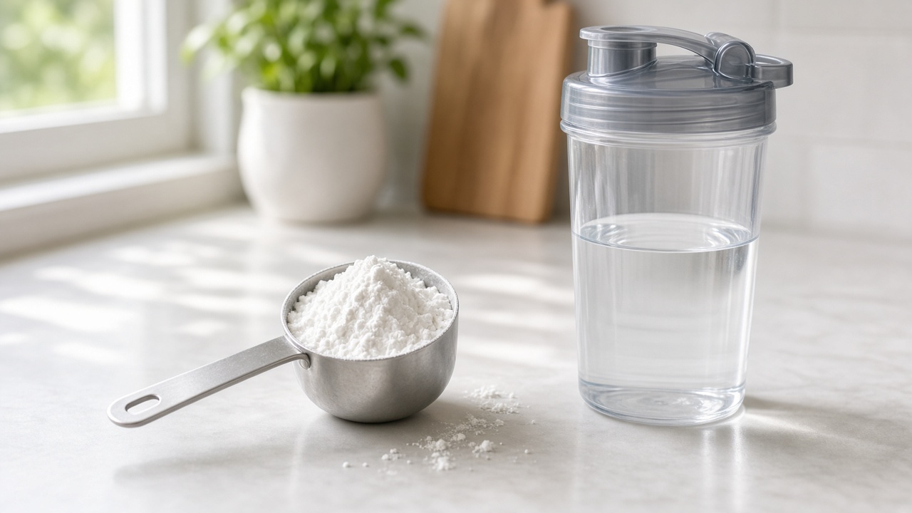 A scoop of white creatine monohydrate powder beside a shaker bottle on a kitchen counter