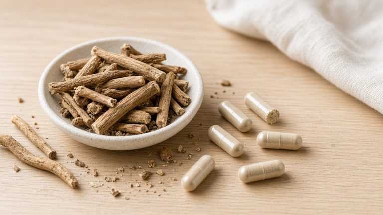 Flat lay of ashwagandha capsules, raw roots, and powder highlighting different supplement forms.