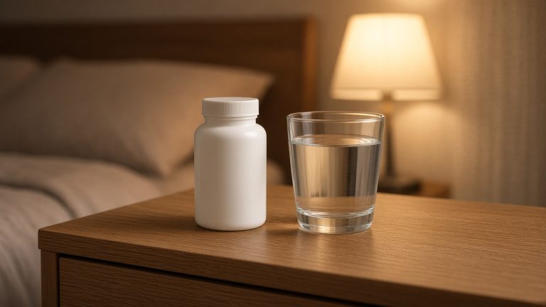 Magnesium supplement bottle beside a glass of water on a nightstand