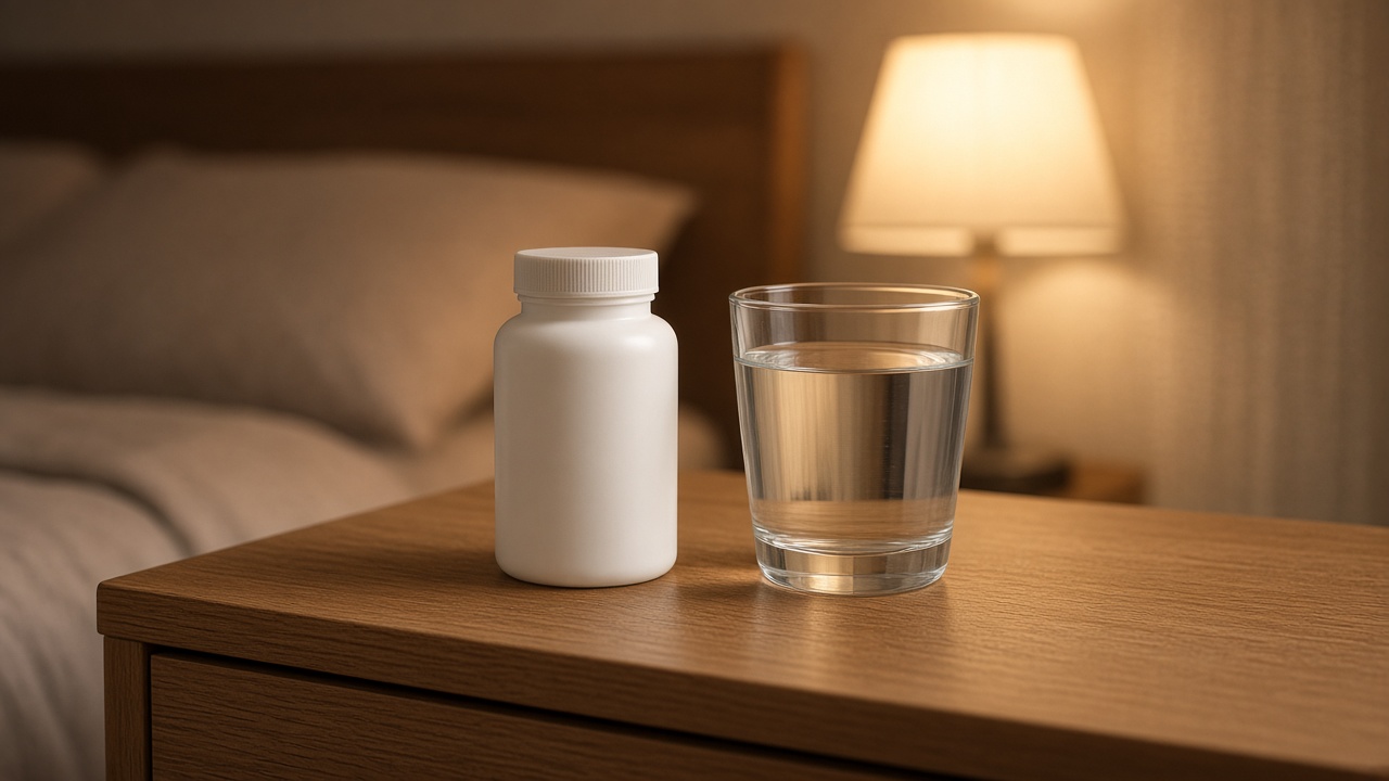 Magnesium supplement bottle beside a glass of water on a nightstand
