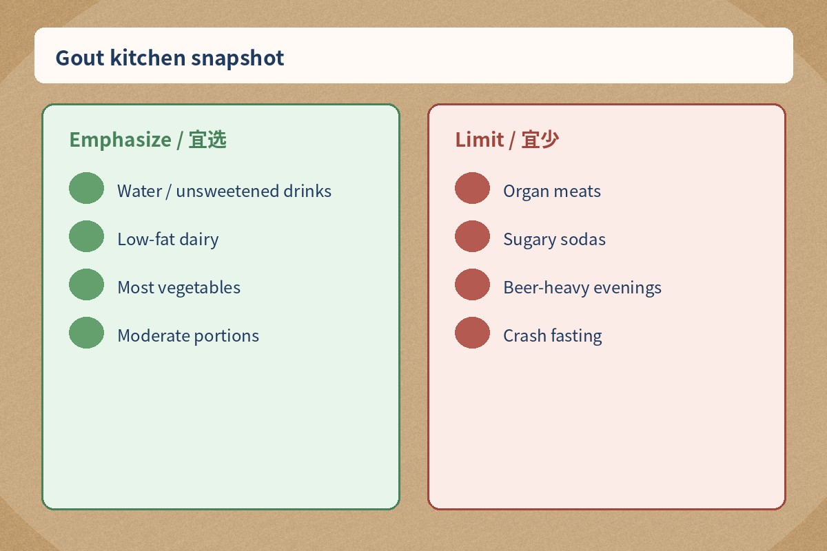 Gout kitchen snapshot: foods to emphasize and limit