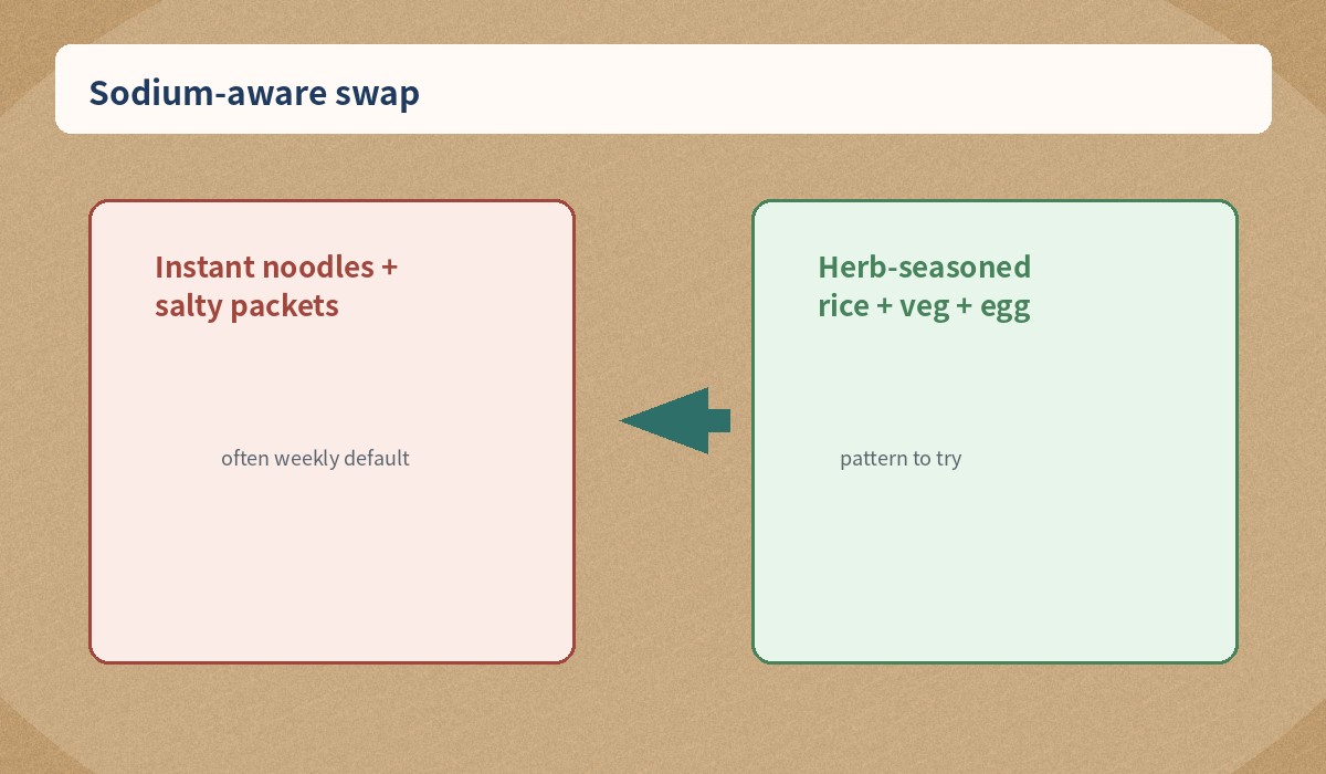 Sodium-aware kitchen swap: instant noodles versus herb-seasoned rice bowl