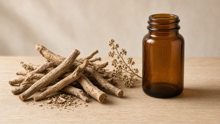 Dried ashwagandha roots next to an amber supplement bottle on a light wooden surface.