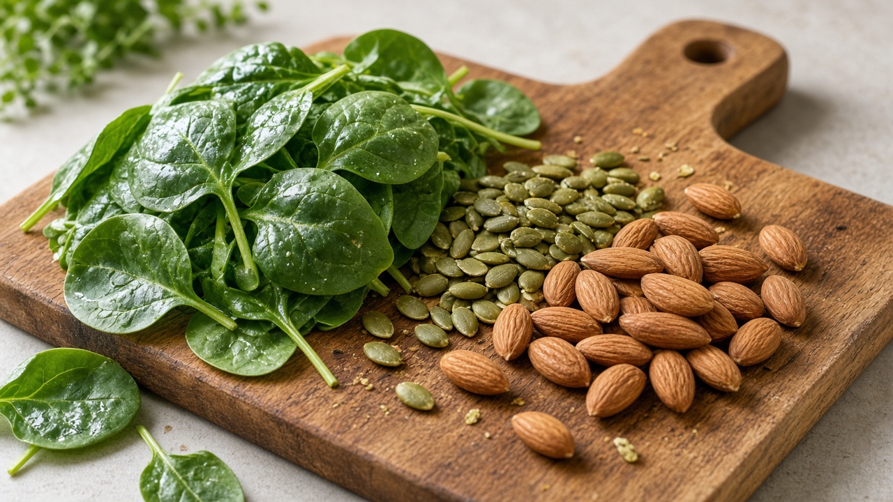 Spinach, pumpkin seeds, and almonds on a wooden cutting board