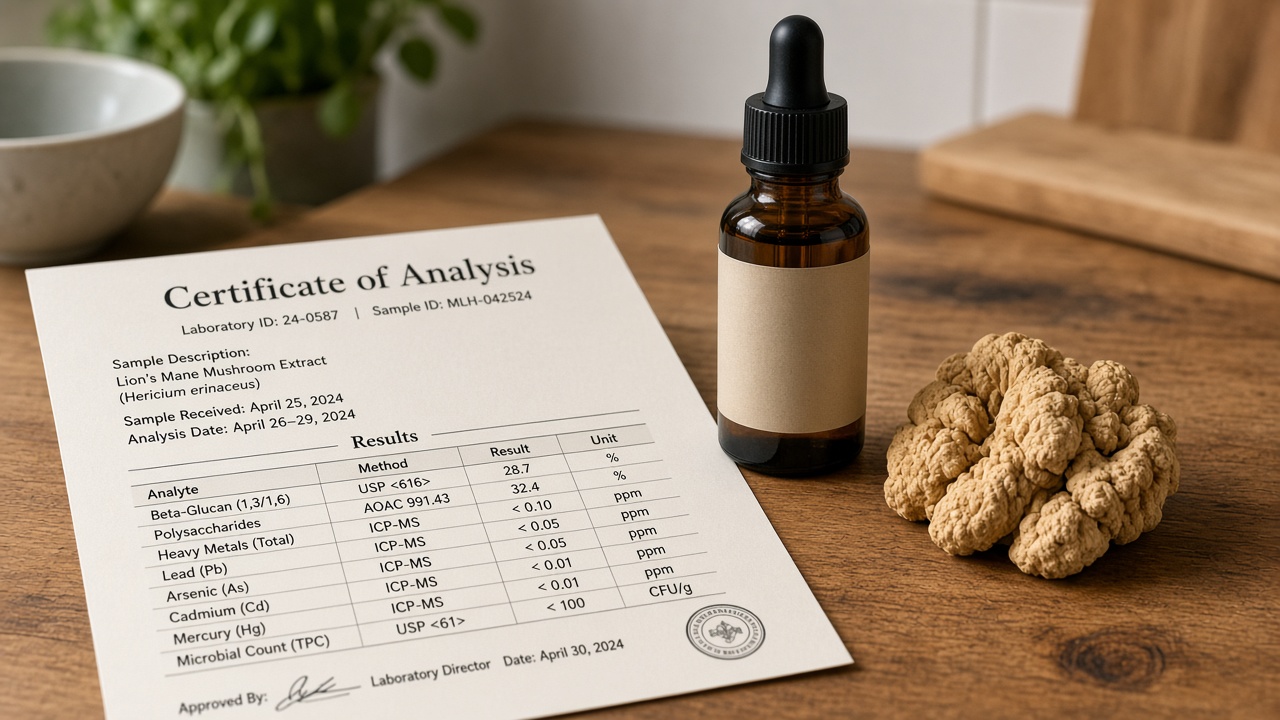 Laboratory testing verification showing a third-party Certificate of Analysis report next to a lion's mane mushroom liquid supplement bottle