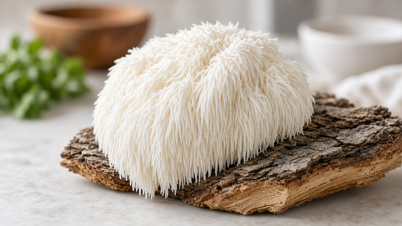 Fresh wild lion's mane mushroom (Hericium erinaceus) with white cascading spines growing on a woodland tree trunk.