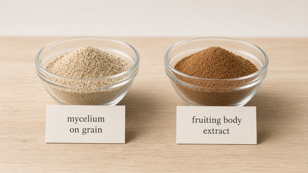 Side-by-side comparison of off-white mycelium on grain powder versus dark brown extracted lion's mane fruiting body powder