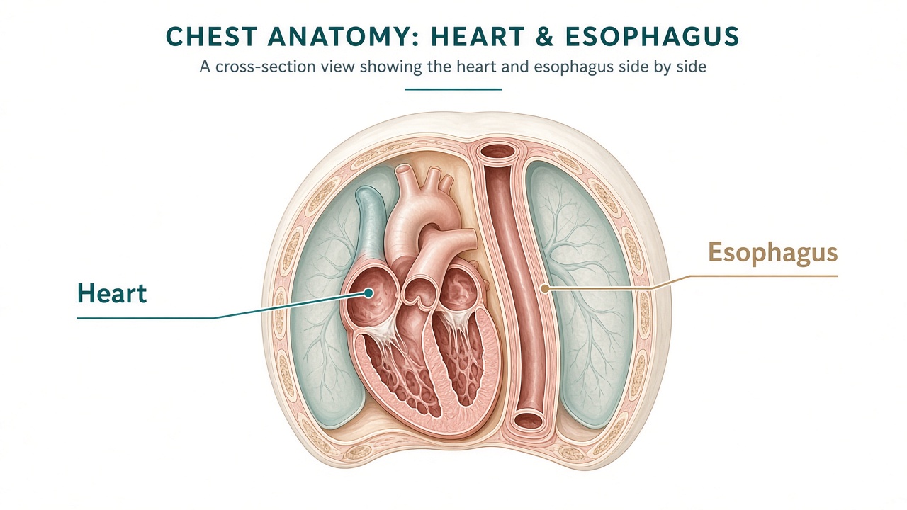 Cross-section illustration of the chest showing the heart and esophagus side by side