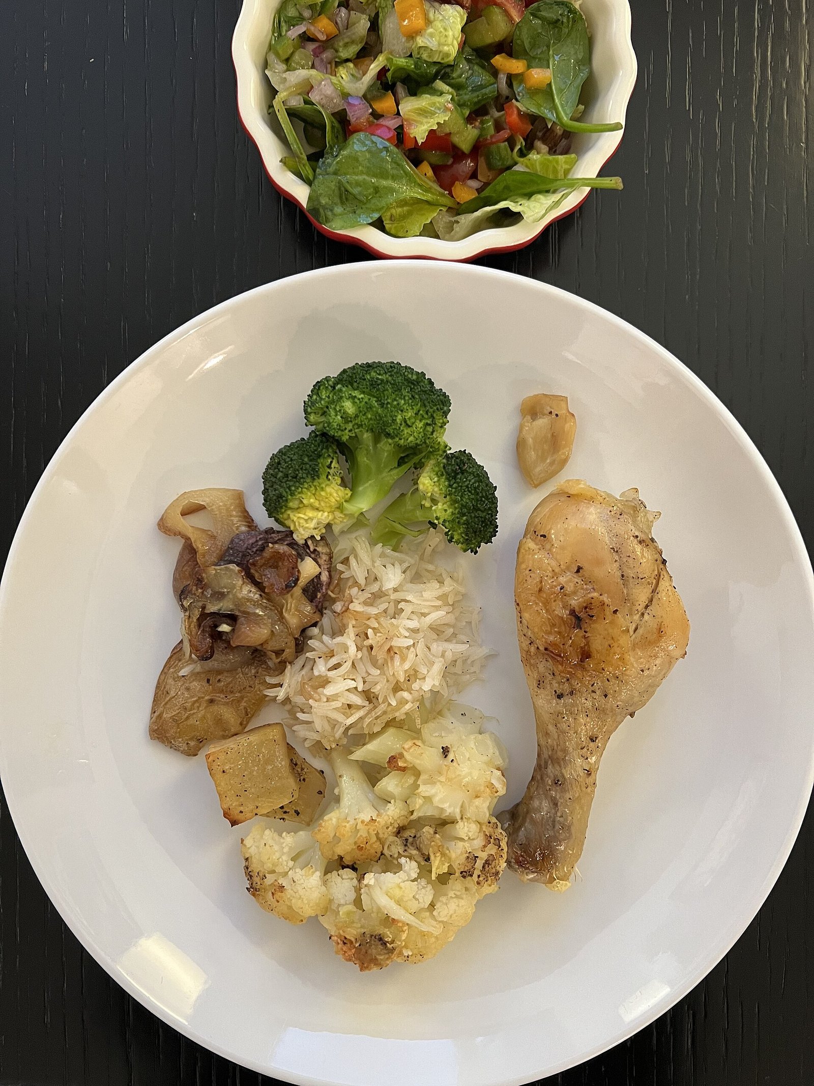 Roasted chicken with cauliflower, broccoli, potatoes, rice and salad for an AS diet