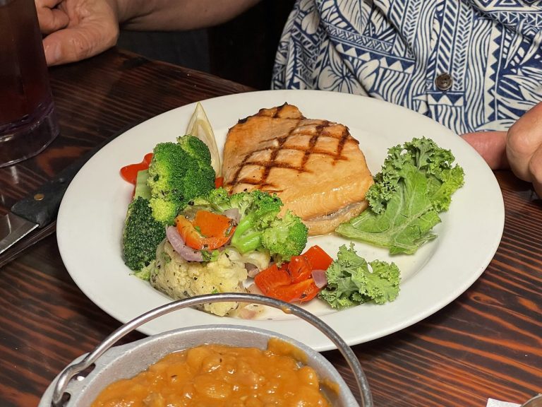 Grilled salmon with vegetables, an earlier-dinner option for Barrett's and GERD