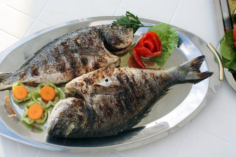 Grilled fish plate supporting protein needs in a cirrhosis diet