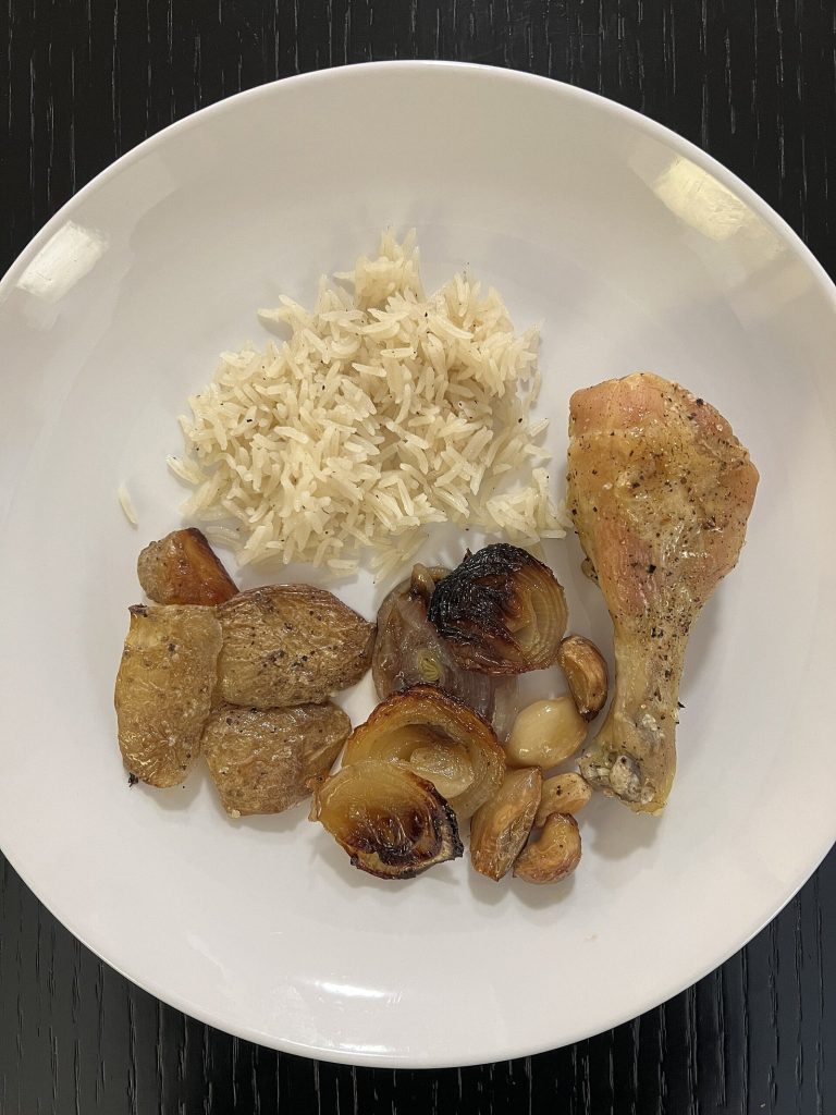 Oven-baked chicken with potatoes, onions, garlic and rice, a soft higher-protein COPD diet plate