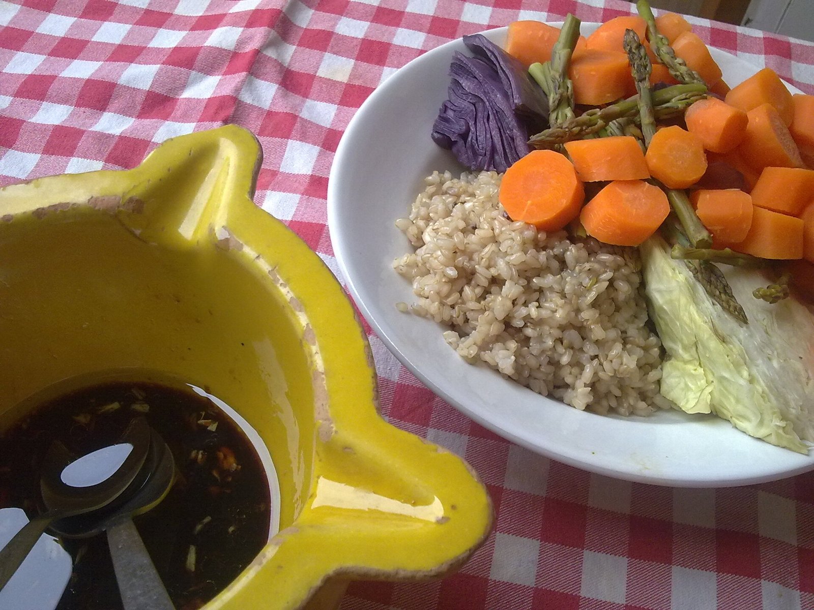 Brown rice with steamed vegetables, a measured carb-and-vegetable plate for diabetic neuropathy