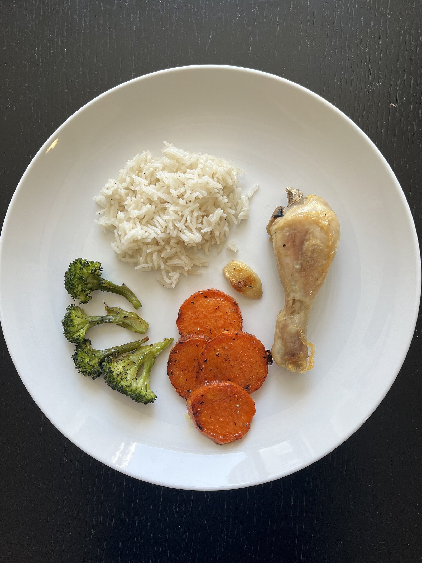 Chicken, rice, broccoli and sweet potato plate for dumping syndrome