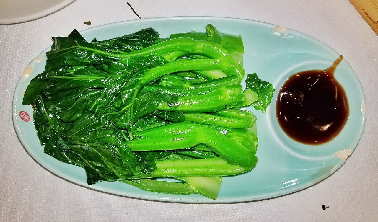 Steamed Chinese broccoli greens, a leafy vegetable source of calcium in an osteoporosis diet