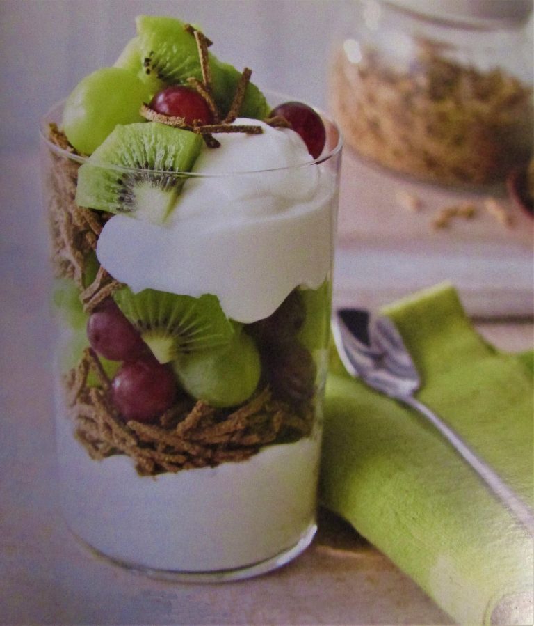 Fruit and yogurt breakfast parfait as a cool soft staple after tonsillectomy