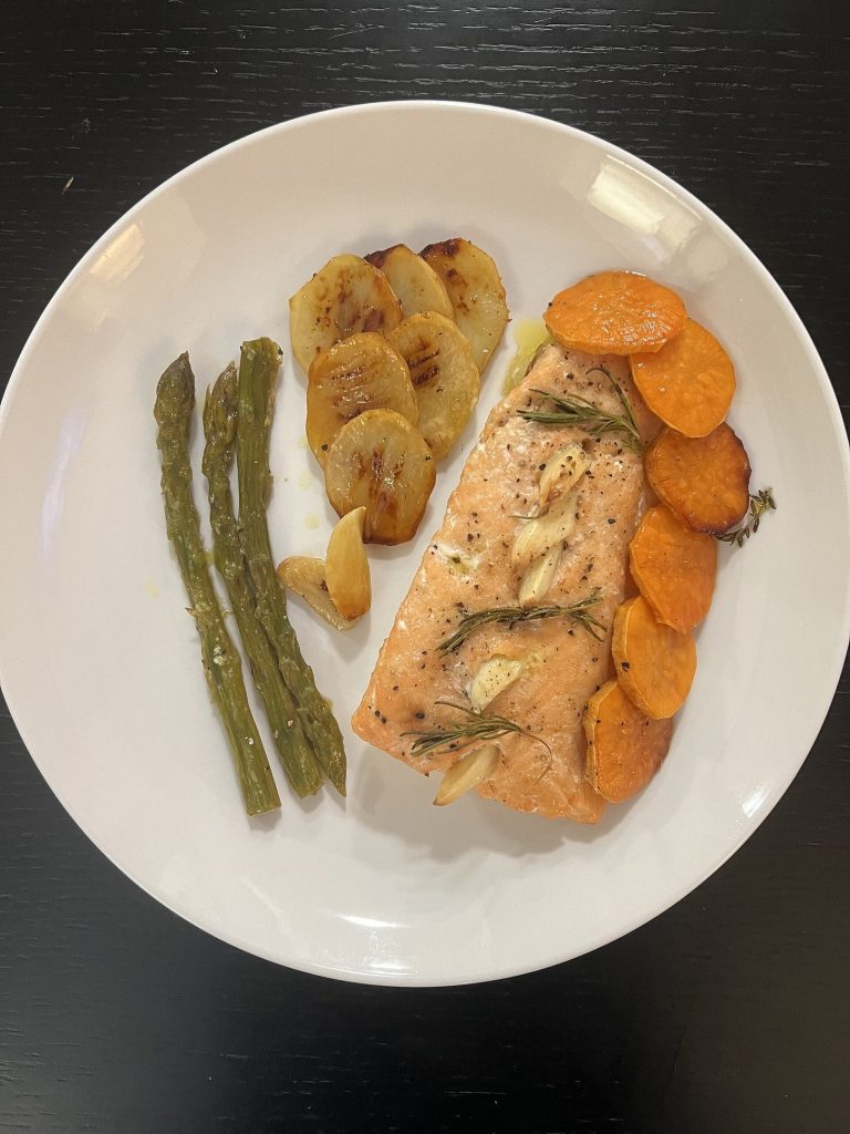 Grilled salmon with potatoes and asparagus as a common non-mammal dinner during AGS meal planning