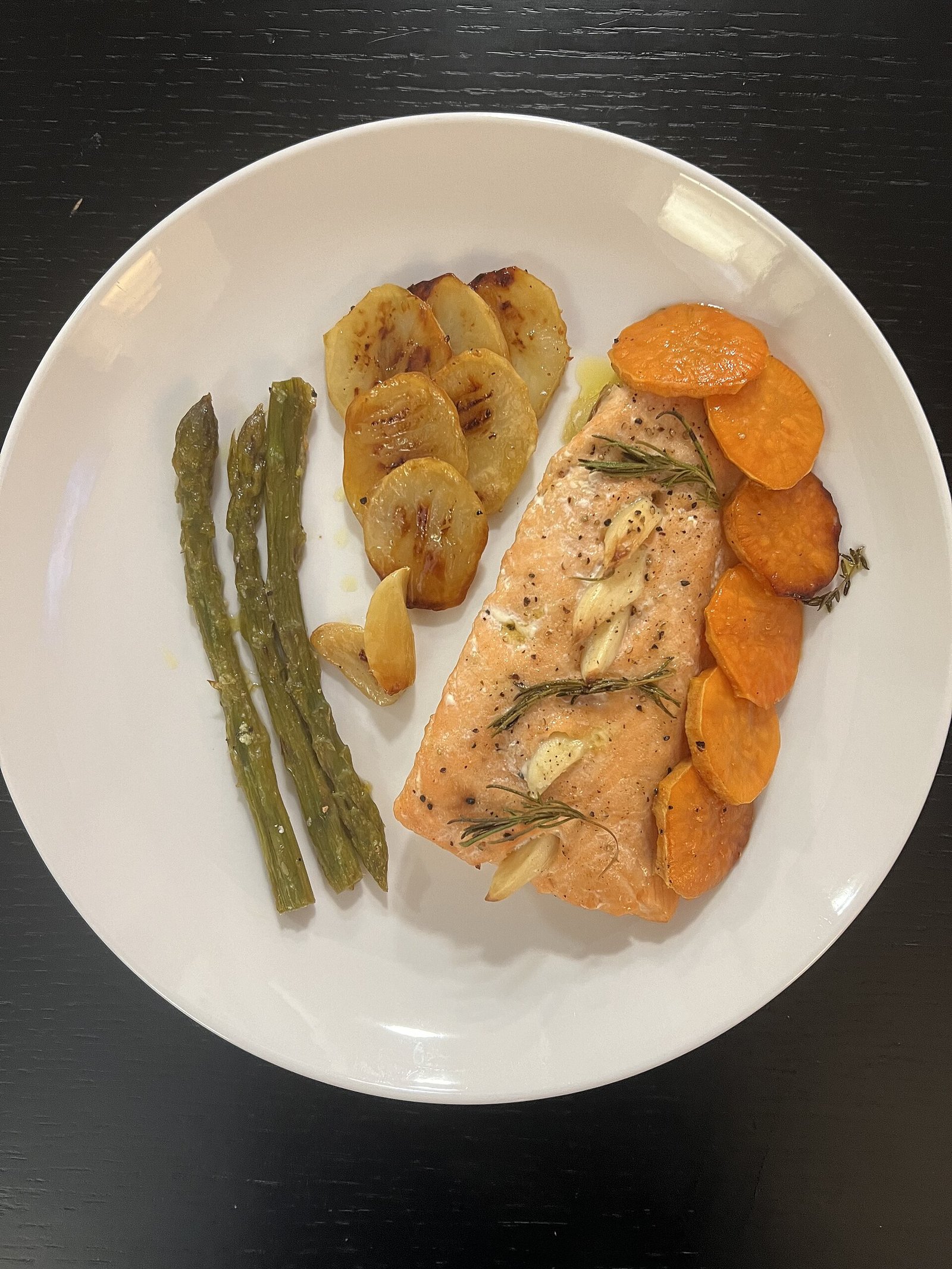 Grilled salmon with potatoes and asparagus as a common non-mammal dinner during AGS meal planning