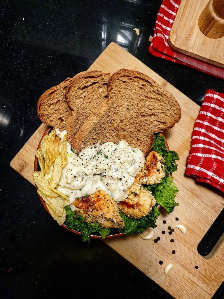 Grilled chicken bowl as a thoroughly cooked post-kidney-transplant dinner