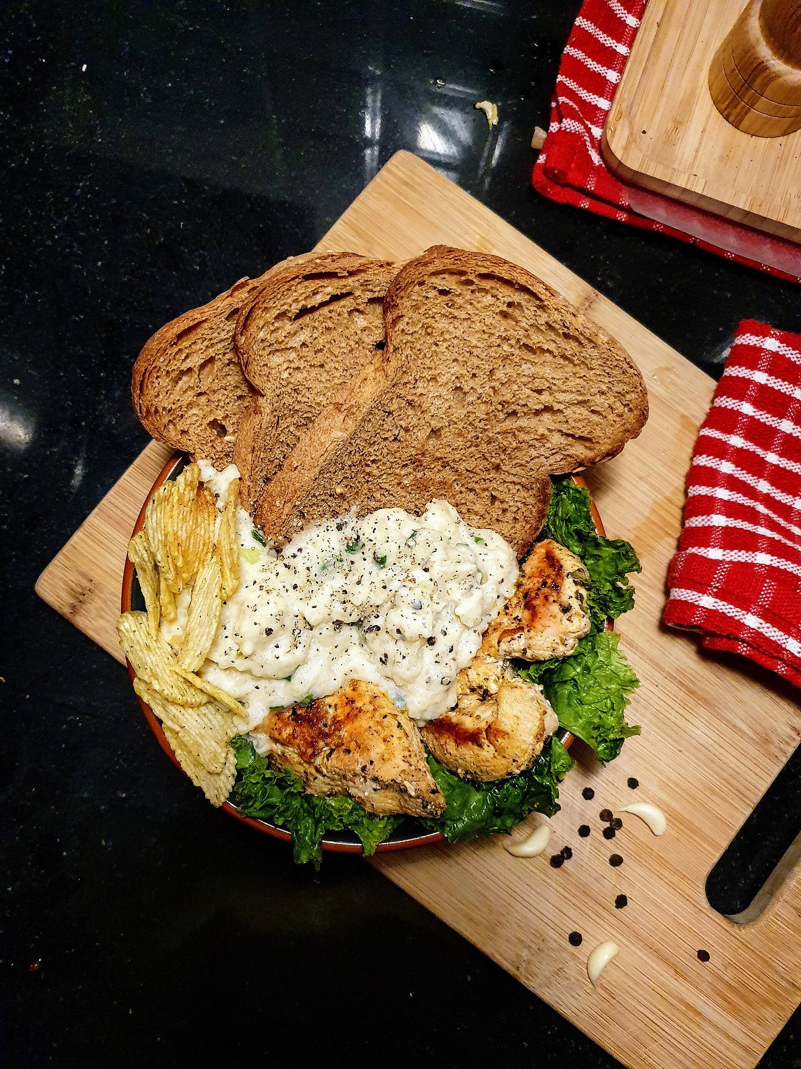 Grilled chicken bowl as a thoroughly cooked post-kidney-transplant dinner