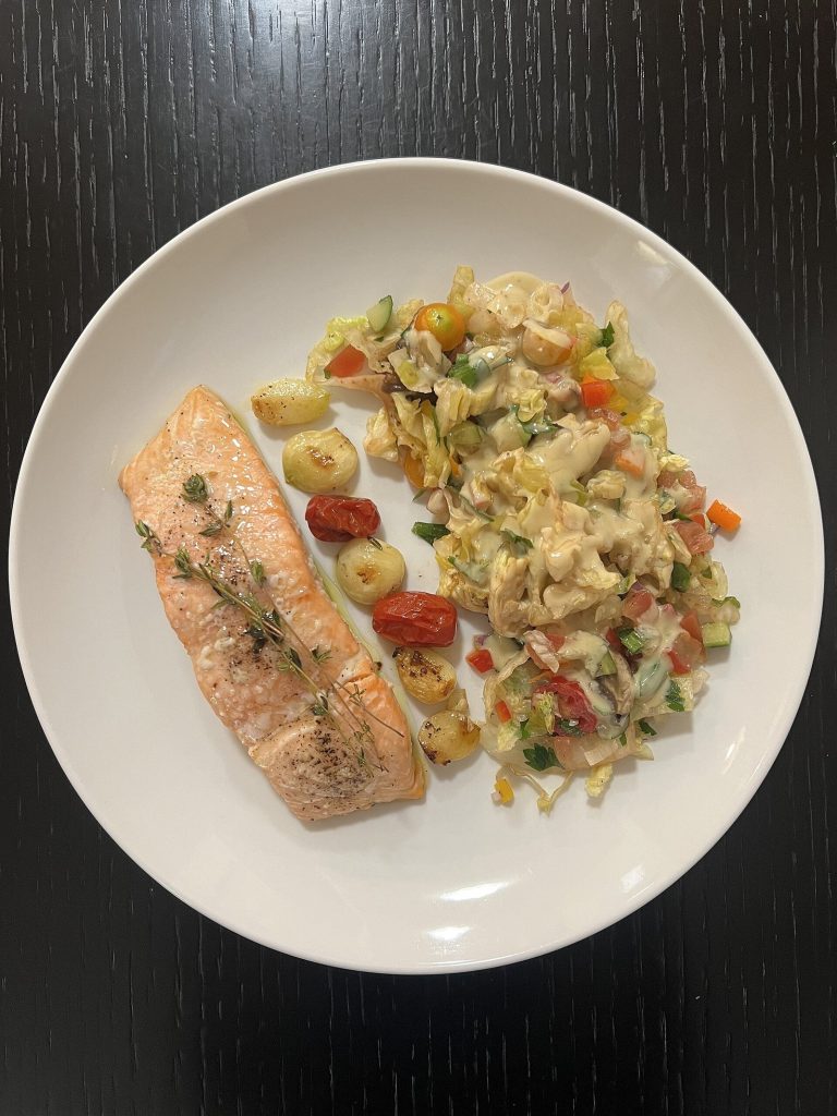 Grilled salmon salad as a lower-fat EPI dinner pattern