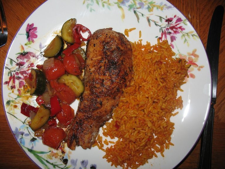 Grilled fish with rice and vegetables as a lighter dinner that leaves room to breathe with IPF