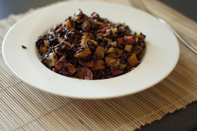 Salmon with black rice and vegetables, an AMD-friendly fish-forward dinner
