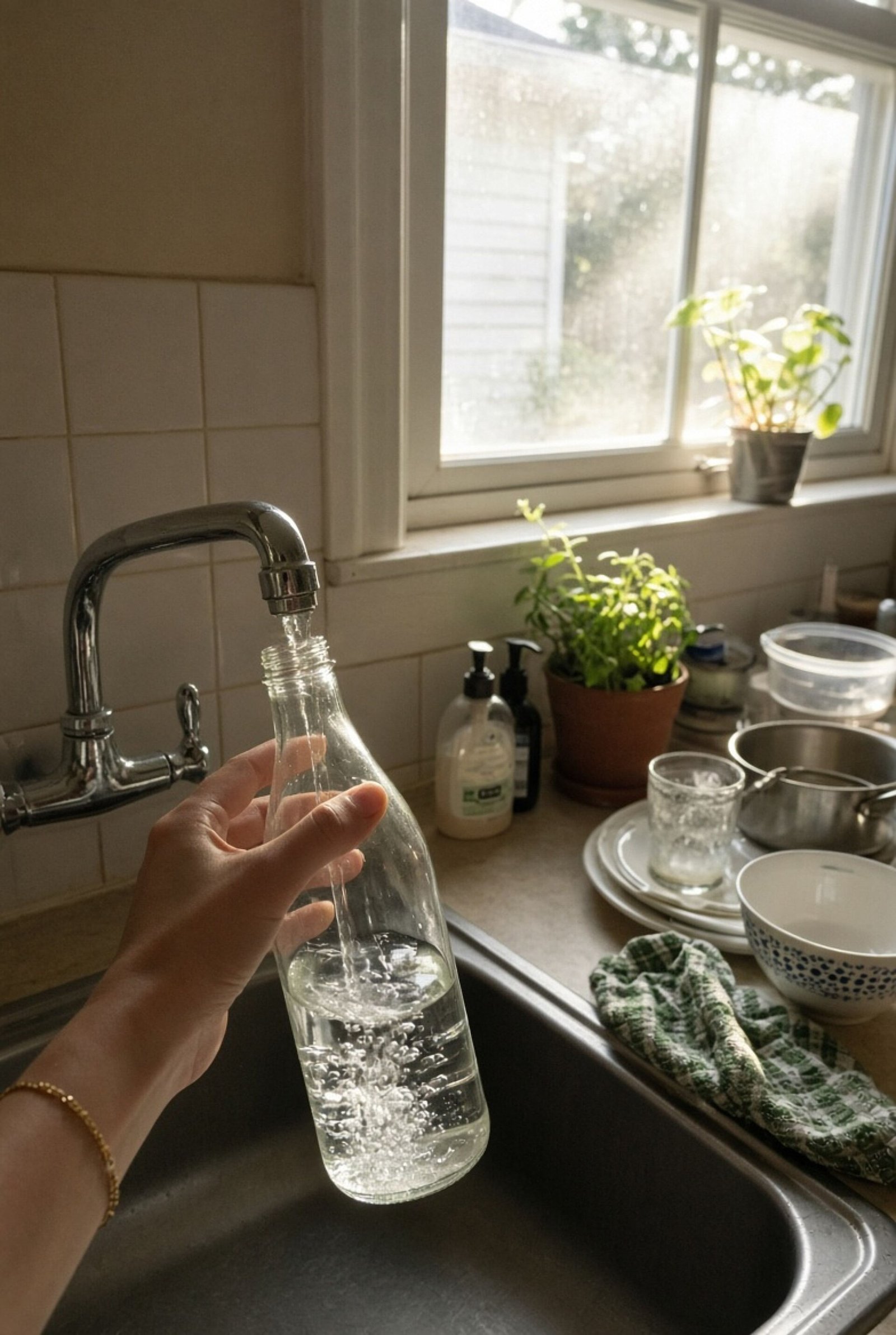 Filling a water bottle for clinician-advised POTS hydration